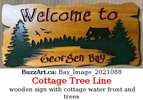 wooden sign with cottage water front and trees